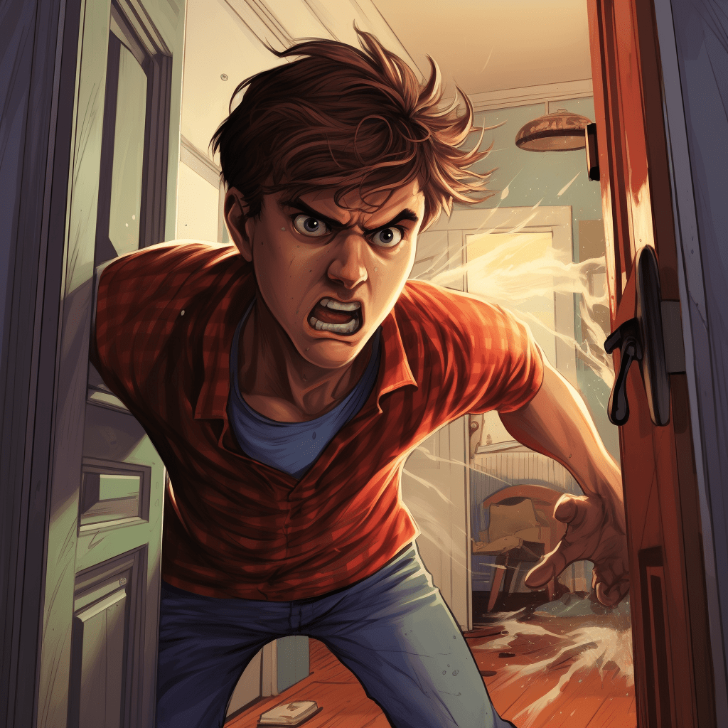 An angry teenager slamming his room door