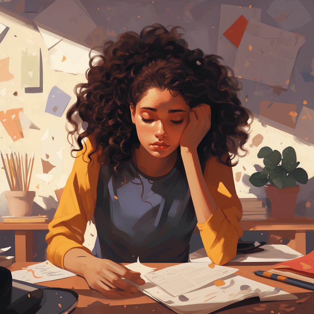 An anxious teen struggling at her desk during an exam