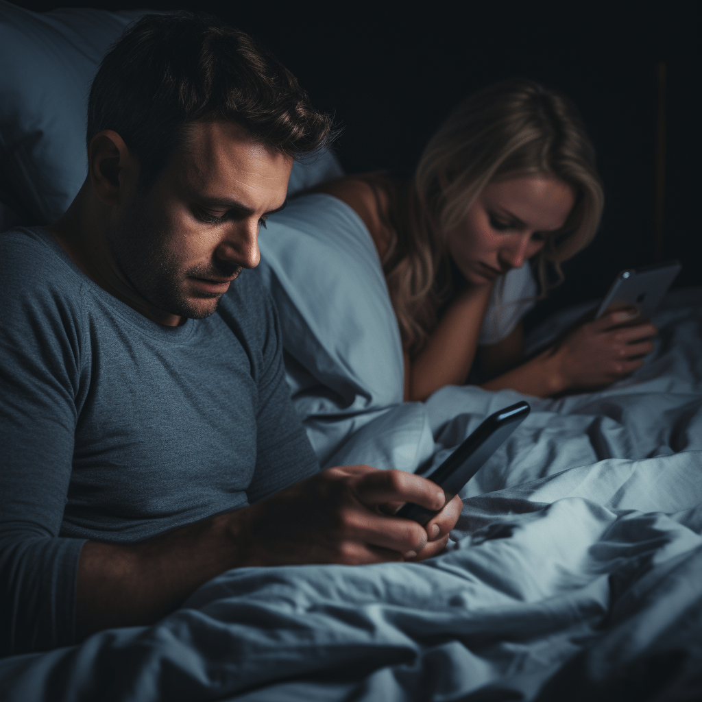 a man committing emotional cheating using his phone in bed