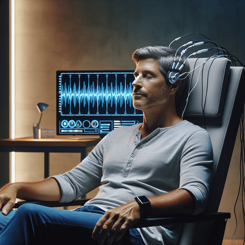 a man sitting in a chair getting lens neurofeedback