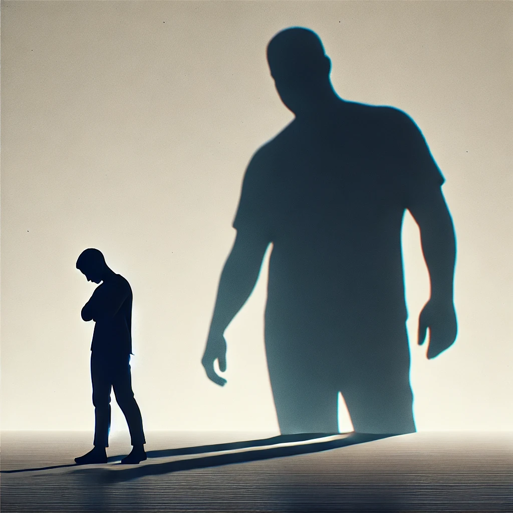 narcissistic sibling - two silhouettes facing away from each other, with one casting a large, domineering shadow over the other